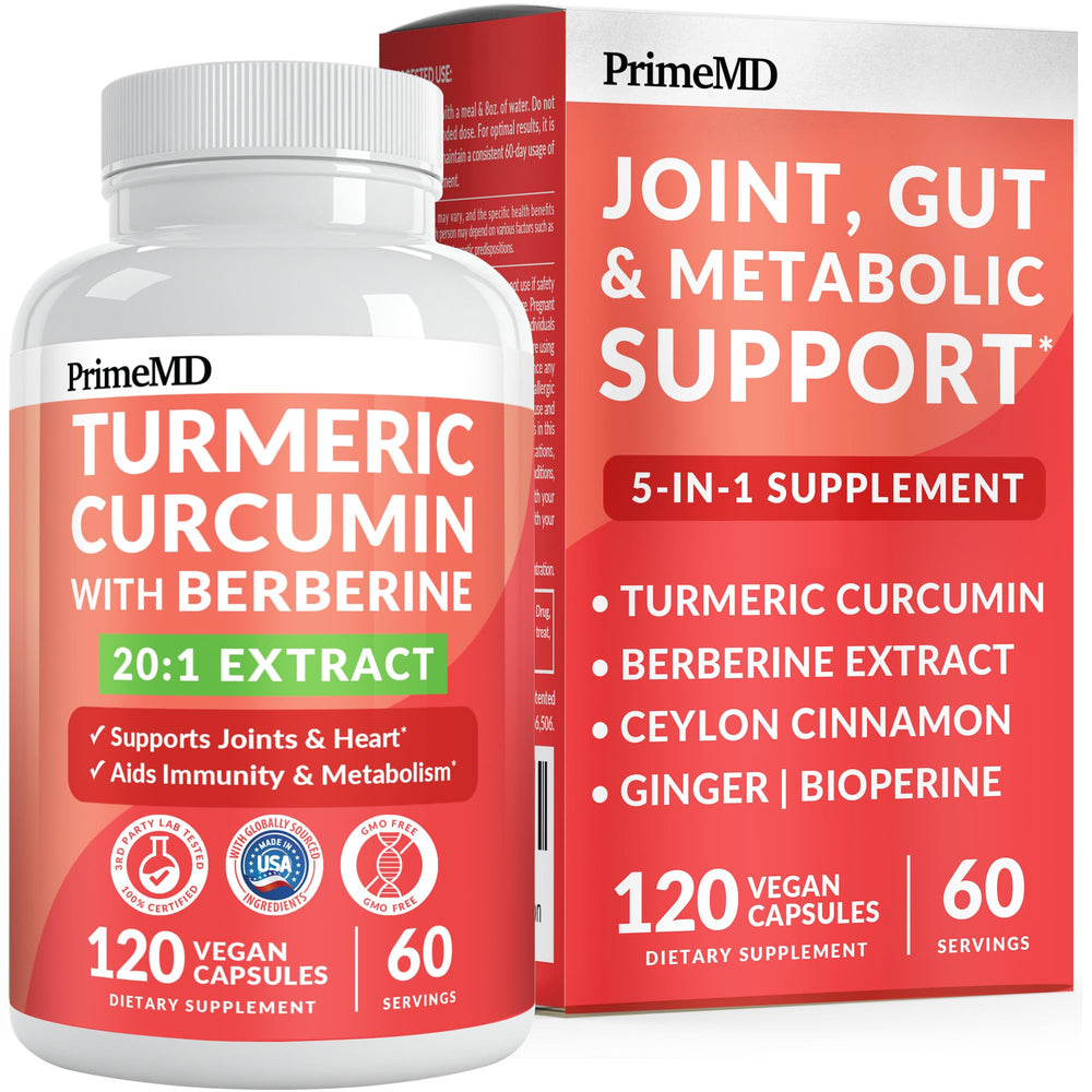 PrimeMD 5-in-1 turmeric curcumin bottle front supports joint comfort and metabolic balance.