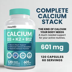 PrimeMD calcium capsules close-up shows 601 mg serving and D3 for absorption.
