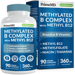 PrimeMD Methylated B Complex bottle on counter for daily wellness and easy dosing.