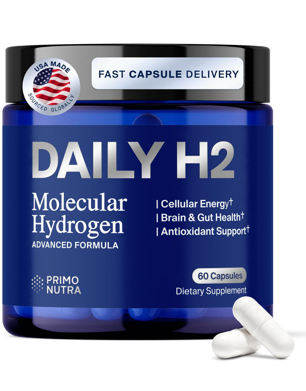 PRIMONUTRA DailyH2 capsules bottle front for on-the-go energy support