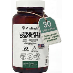 PRISTINE'S Longevity Complex bottle front view highlighting daily wellness.
