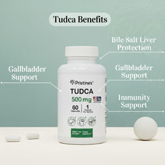 PRISTINE'S Tudca 500mg capsules poured for easy daily dosing.
