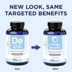 PRN DE Omega-3 softgels bottle side label with dosage guidance for daily use.