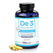 PRN De3 Dry Eye bottle front view with burpless omega-3 softgels for eye comfort