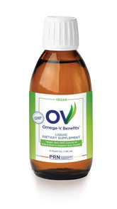 PRN Omega-V Benefits bottle front for vegan eye health support.