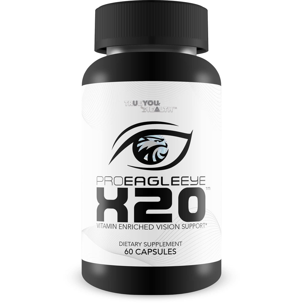 Pro EagleEye X20 bottle and capsules on a desk, offering daily eye health support.