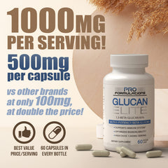 Pro Formulations MD Glucan Elite pour shot showing easy-to-swallow capsules and convenience