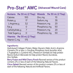 Pro-Stat AWC nutrition panel highlighting protein content and added nutrients for healing.