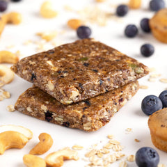 Close-up of Probar Blueberry Muffin Bar shows chewy texture and real ingredients.