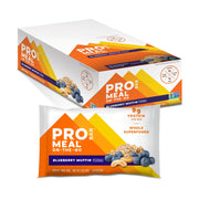 Probar Blueberry Muffin Meal Bar packaging highlights gluten-free, non-GMO nutrition.