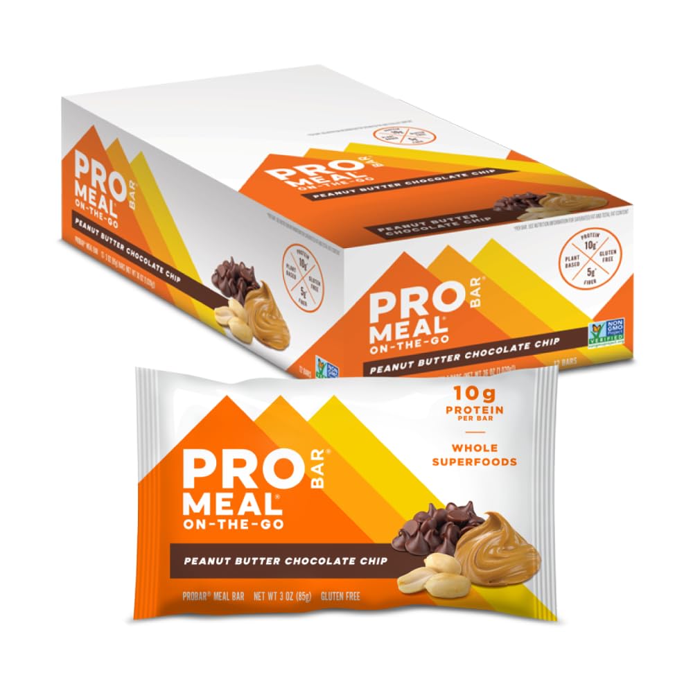 PROBAR Meal Bar packaging shows peanut butter chocolate chip flavor for on-the-go energy