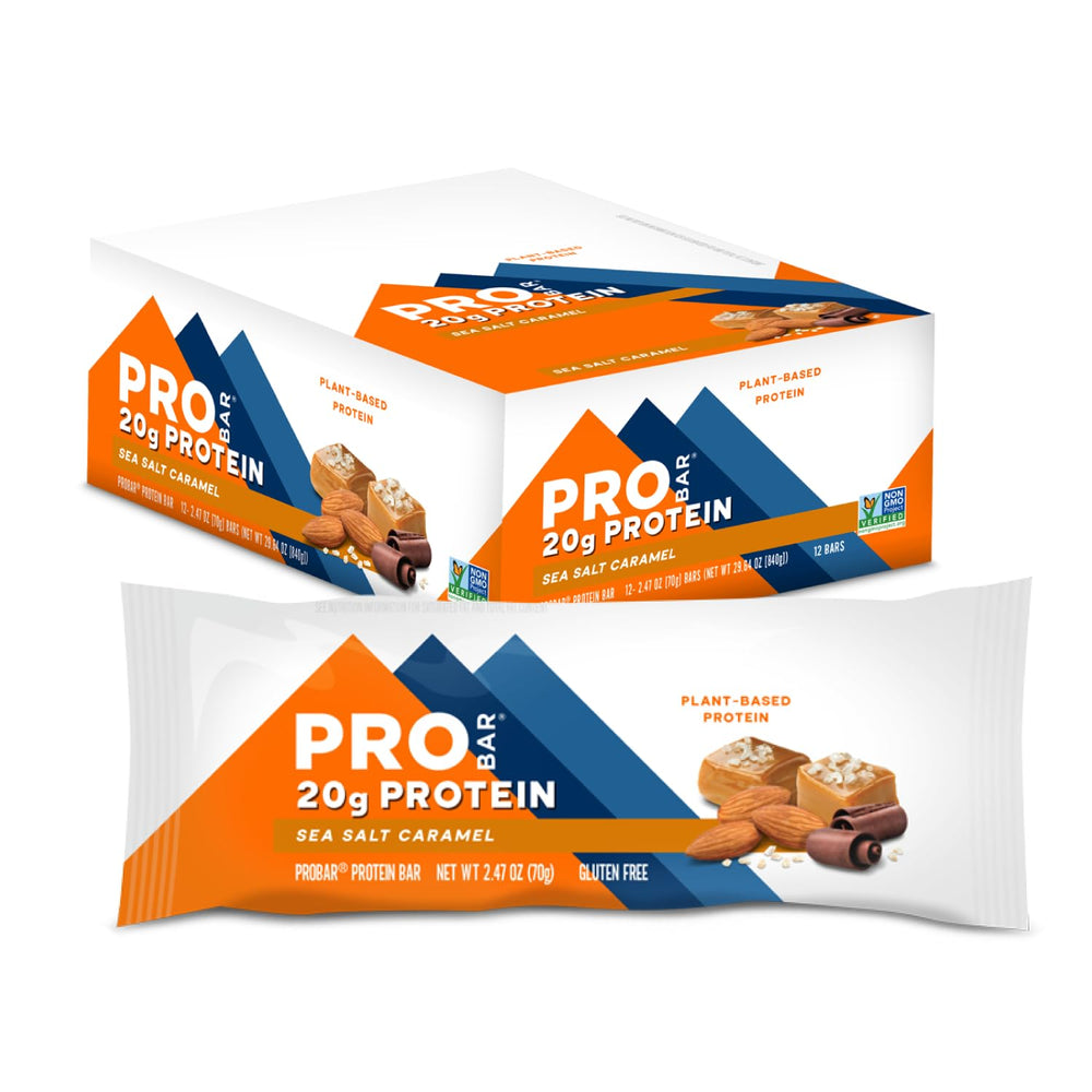 ProBAR Protein Bar Sea Salt Caramel packaging highlights whole-food ingredients for natural energy.