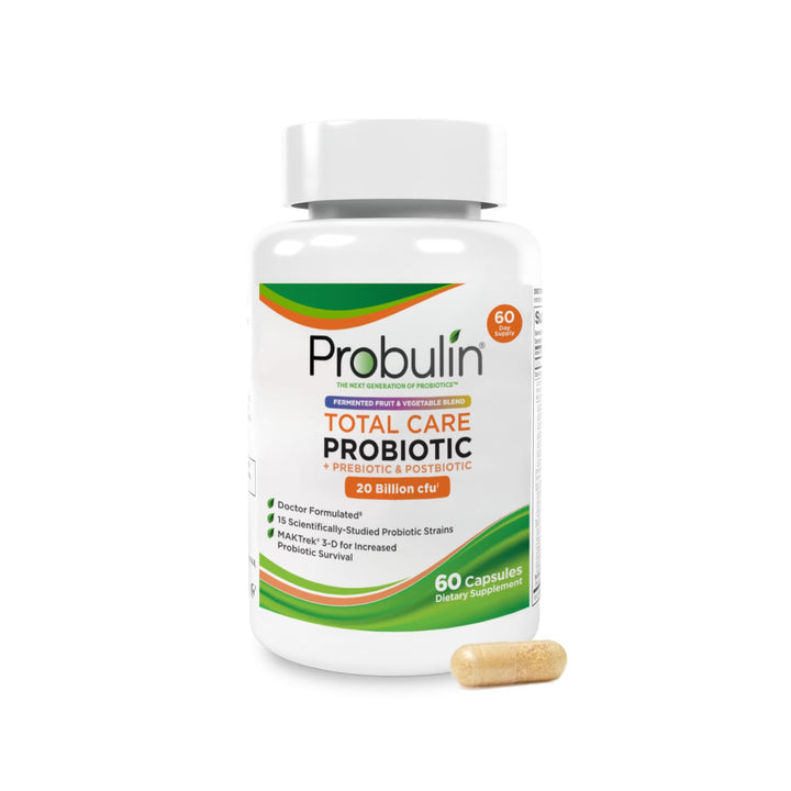 Probulin Total Care bottle front shows the vegan probiotic bottle for daily gut support.