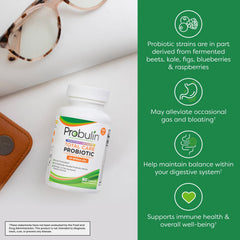 Closeup of Probulin Total Care capsules highlighting vegan formula for digestion support.