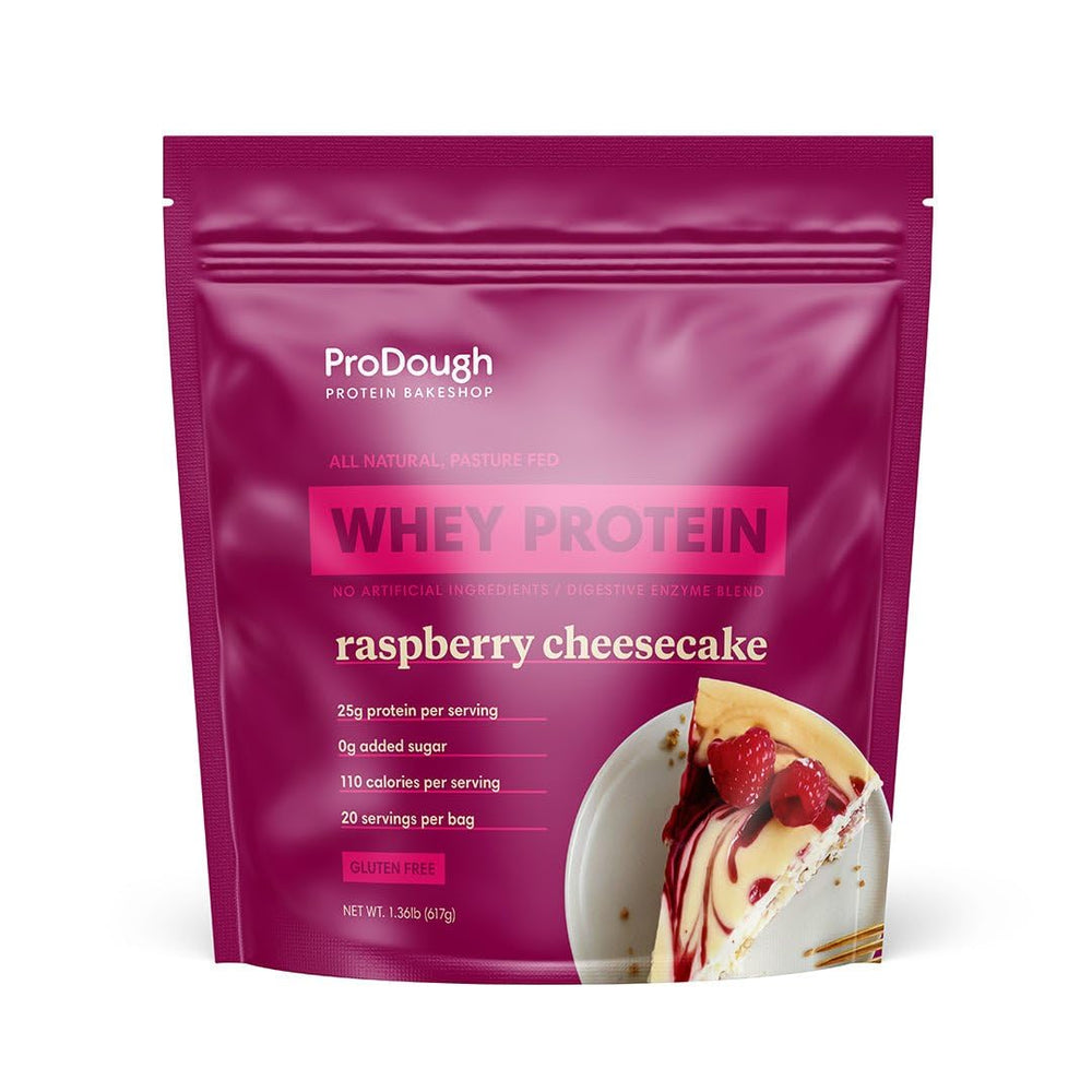 ProDough Gourmet whey isolate bag front shows rasberry cheesecake flavor for a premium protein option.
