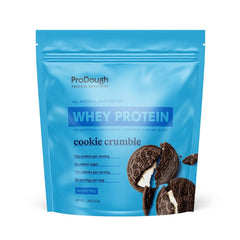 ProDough Cookie Crumble tub showing premium protein and 25g per serving.