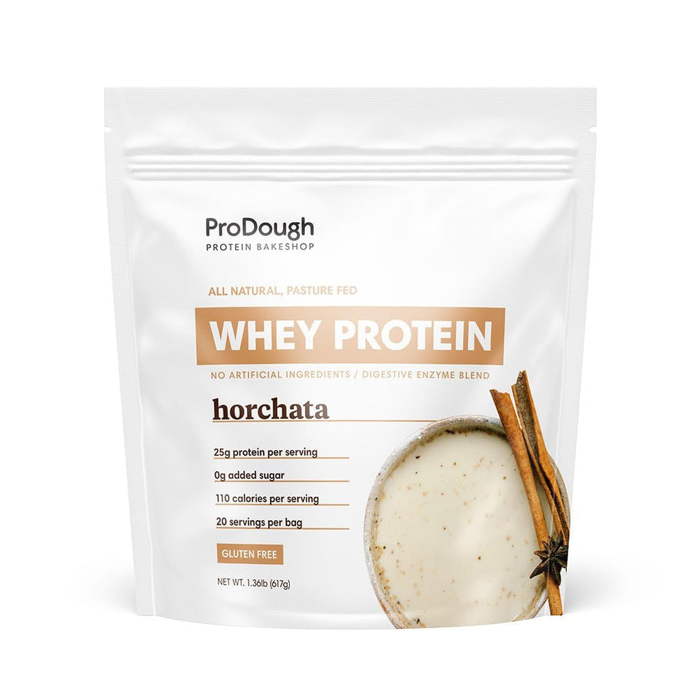 ProDough Horchata whey isolate bottle pour – convenient on-the-go protein.