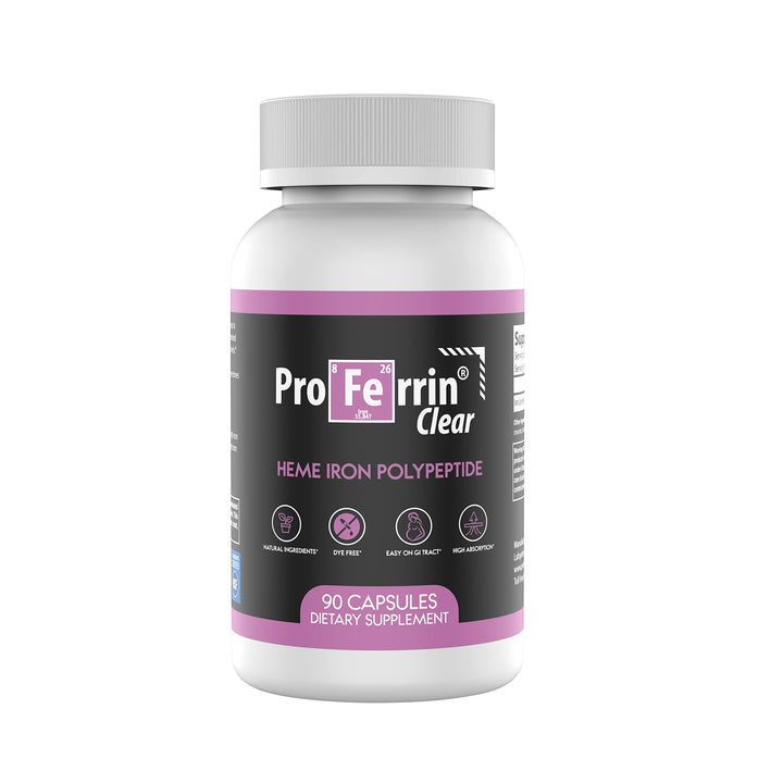 Proferrin Clear bottle with capsules showcases convenient daily support.
