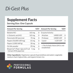Professional Formulas Di-Gest Plus digestive health illustration showing gut lining support.