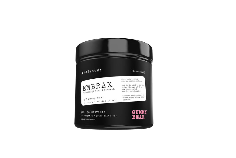 Project #1 Embrax tub front view highlighting gummy bear flavor for preworkouts.