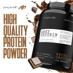 Project #1 Whey Protein Plus Swiss Chocolate flavor close-up.