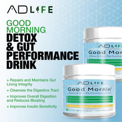 Project AD Life Good Morning Detox label highlights ingredients and strawberry banana flavor for daily use.