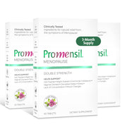Promensil menopause double strength bottle label highlighting red clover isoflavones for support.