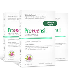 Promensil menopause double strength bottle label highlighting red clover isoflavones for support.