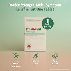 Promensil menopause double strength tablets close-up showing easy-to-swallow pills