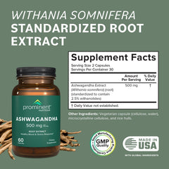 Prominent Nutrition Ashwagandha capsules closeup for easy daily intake.