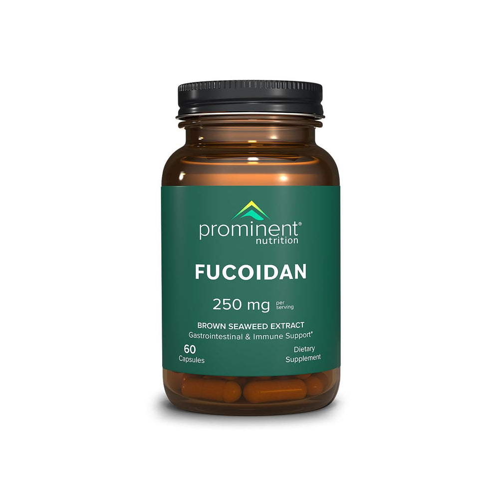Prominent Nutrition Fucoidan bottle front shows premium seaweed extract for digestive support.