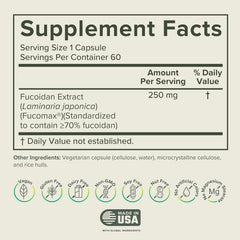 Prominent Nutrition Fucoidan bottle side view highlights clean label for vegan, non-GMO quality.