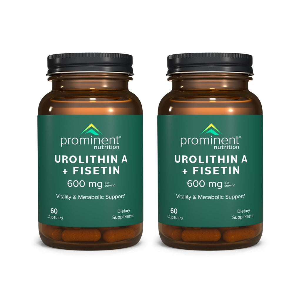 Prominent Nutrition Urolithin A + Fisetin bottle with capsules for daily vitality.