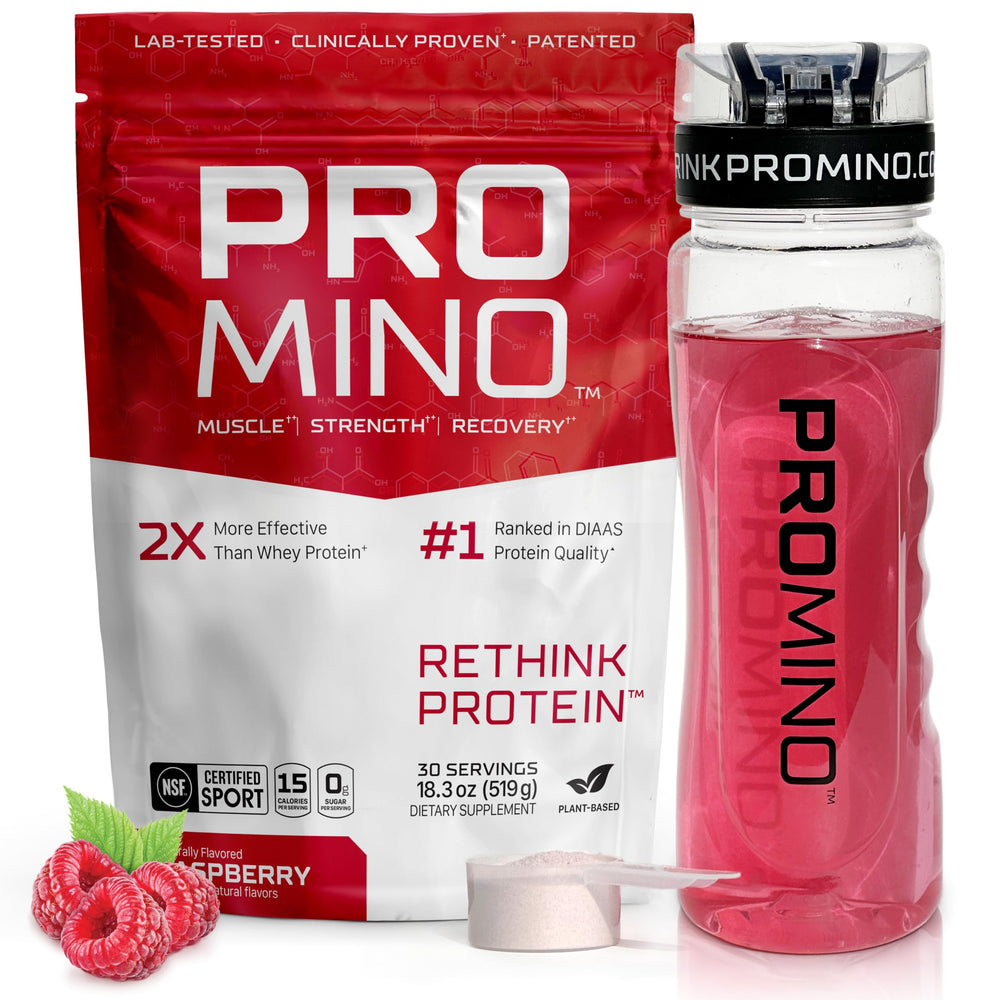 Promino Raspberry essential amino acids bottle pour supporting quick recovery after workouts