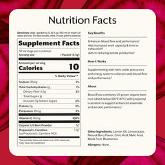 Promix Blood Flow packaging highlights organic beet root powder and propionyl-L-carnitine for performance.