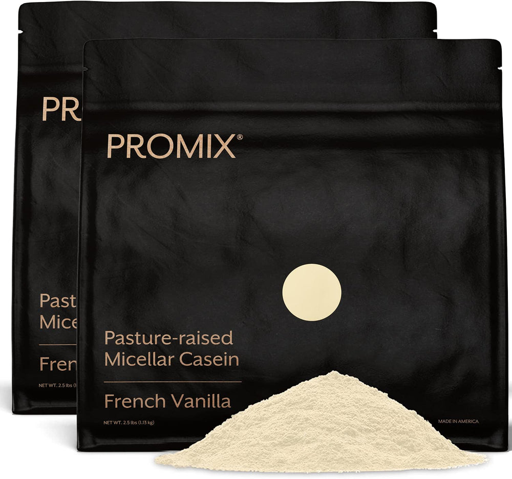Promix Nutrition Casein Vanilla jar shows grass-fed, slow-release protein for overnight recovery.