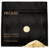 Promix Nutrition Casein Vanilla bottle highlighting grass-fed protein for overnight recovery.