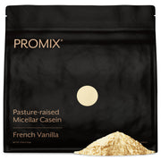 Promix Nutrition Casein Vanilla bottle highlighting grass-fed protein for overnight recovery.