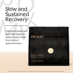 Promix Casein Vanilla label close-up emphasizing gluten-free, keto-friendly formula.