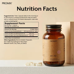 Close-up of Promix D3 K2 softgel capsules for daily use.