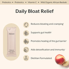 ProMix Debloat bottle back label highlighting clean ingredients and allergen-free formula.