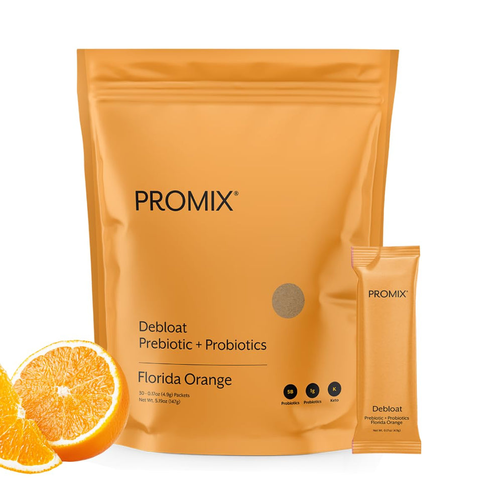 ProMix Nutrition Debloat bottle close-up showing a gut-friendly blend for bloating relief