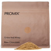 Promix Nutrition Whey Protein Powder Chocolate tub shows grass-fed formula for post-workout recovery.