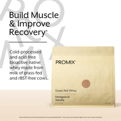 ProMix Nutrition vanilla whey scoop in a bowl emphasizes high protein per serving for muscle support.