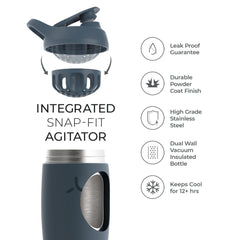 Removable agitator inside the Promixx Pursuit shaker for smooth mixing.