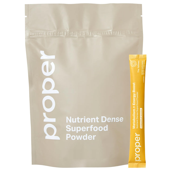 Proper Yellows energy powder tub in pineapple mango flavor for a natural energy lift.