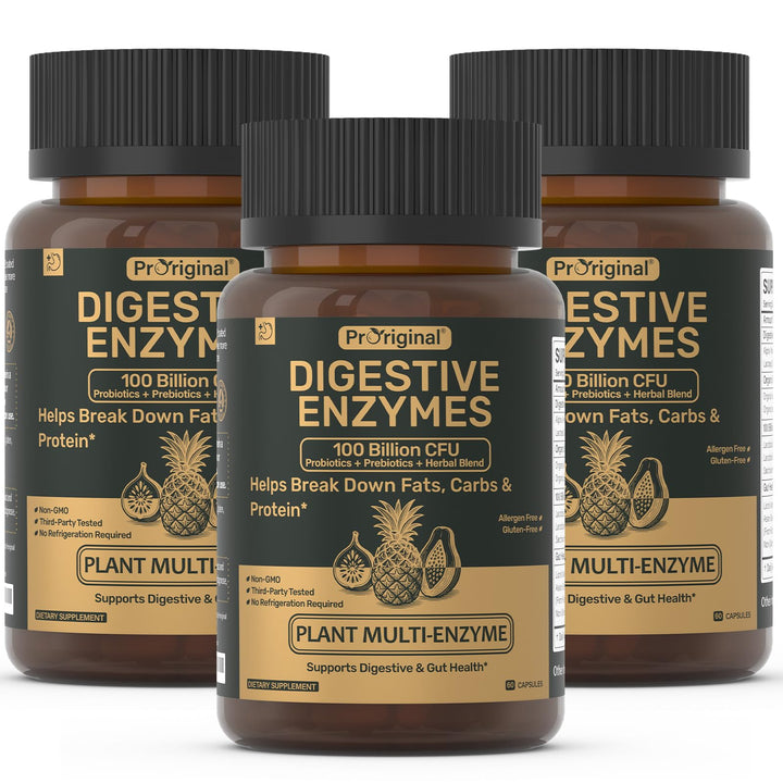 Proriginal digestive enzymes bottle label with probiotic content for gut support.