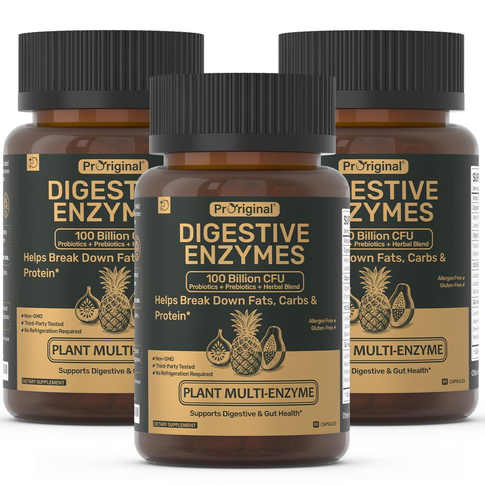 Proriginal digestive enzymes bottle label with probiotic content for gut support.