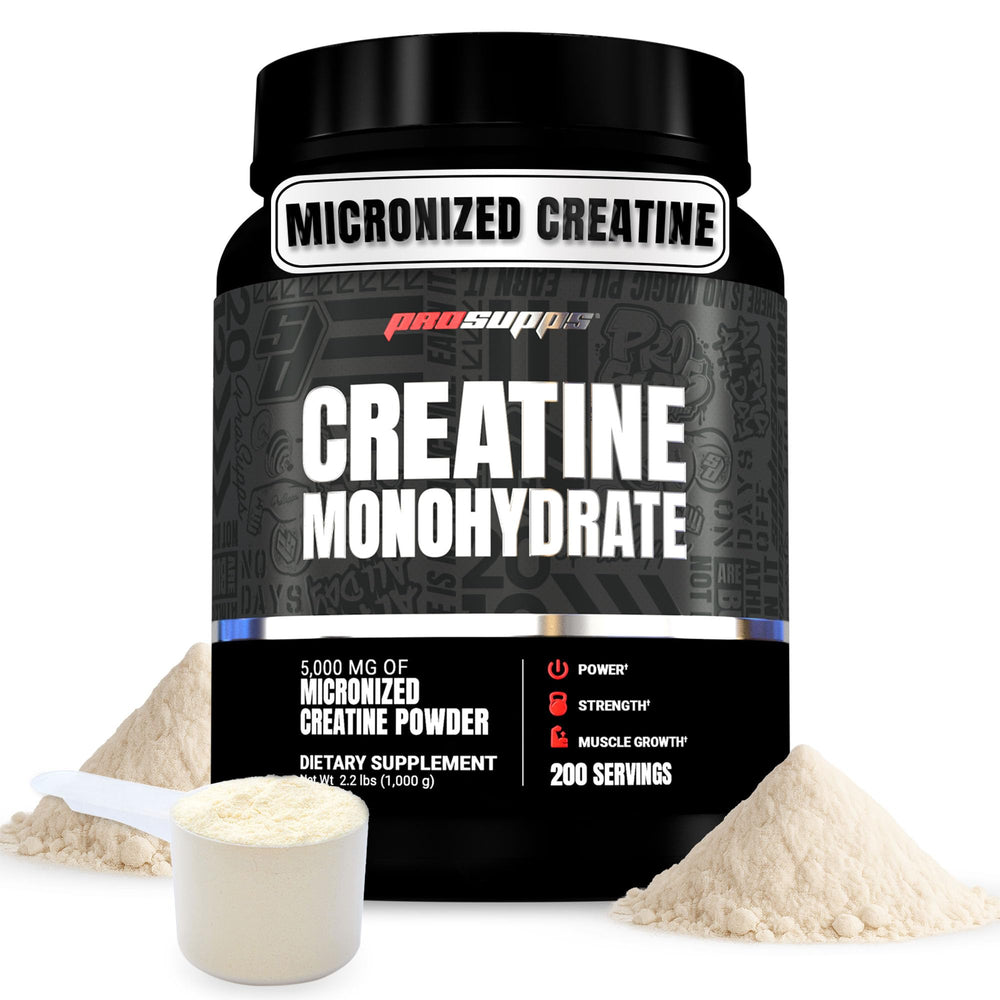 PROSUPPS Creatine Monohydrate powder bottle and scoop for steady workout power.