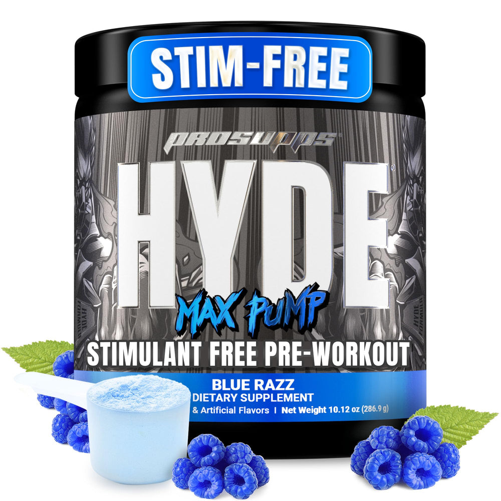 PROSUPPS Mr HYDE Max Pump Blue Razz tub shows a caffeine-free option for intense pumps.